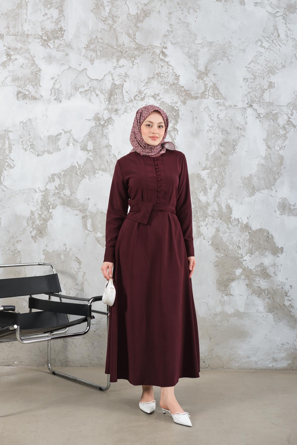 Bel Bağlamalı  Elbise Bordo