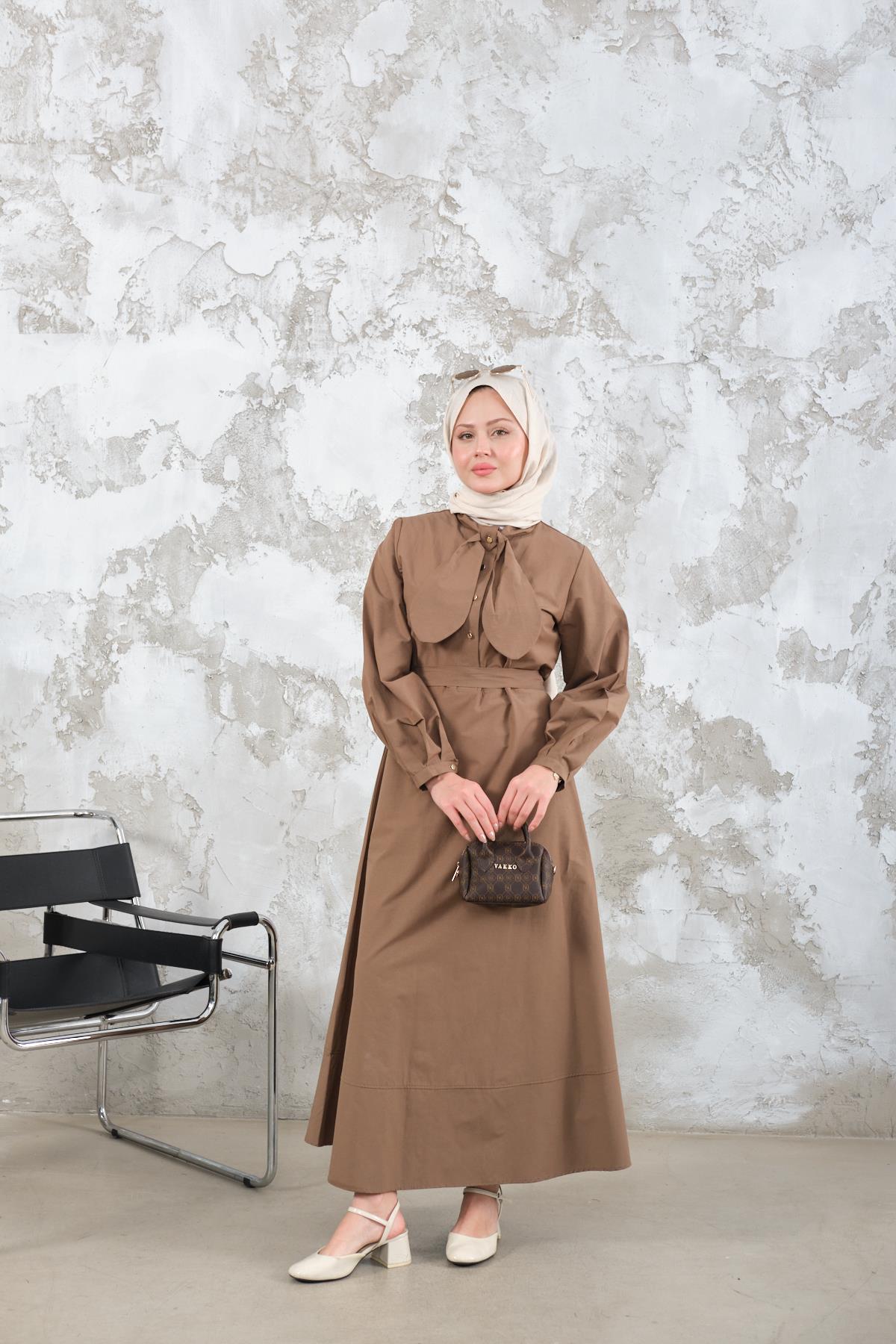 Bel Bağlamalı Elbise Vizon