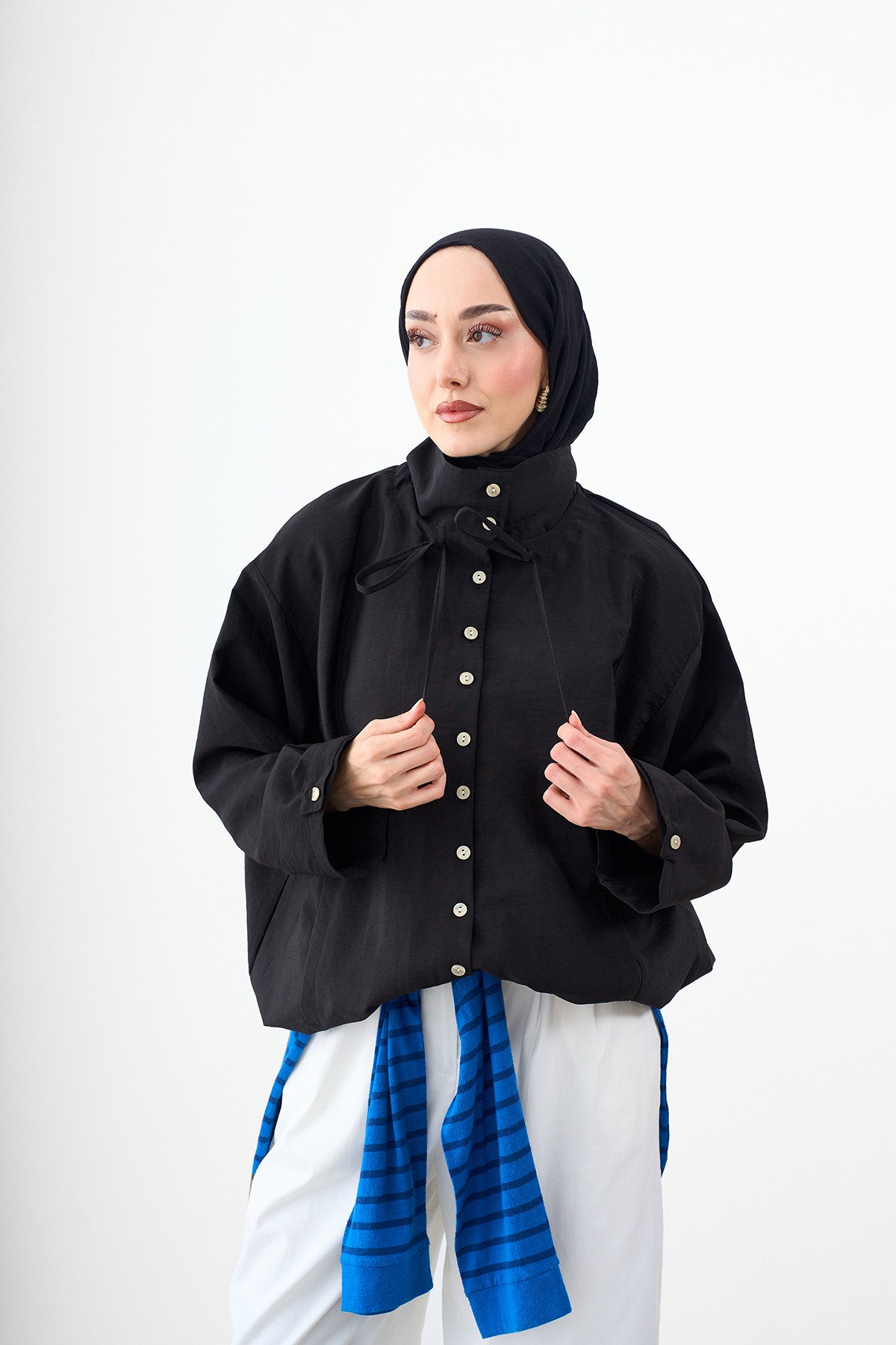 Beli Ayarlanabilir Çift Cepli Gömlek Yaka Ceket Siyah