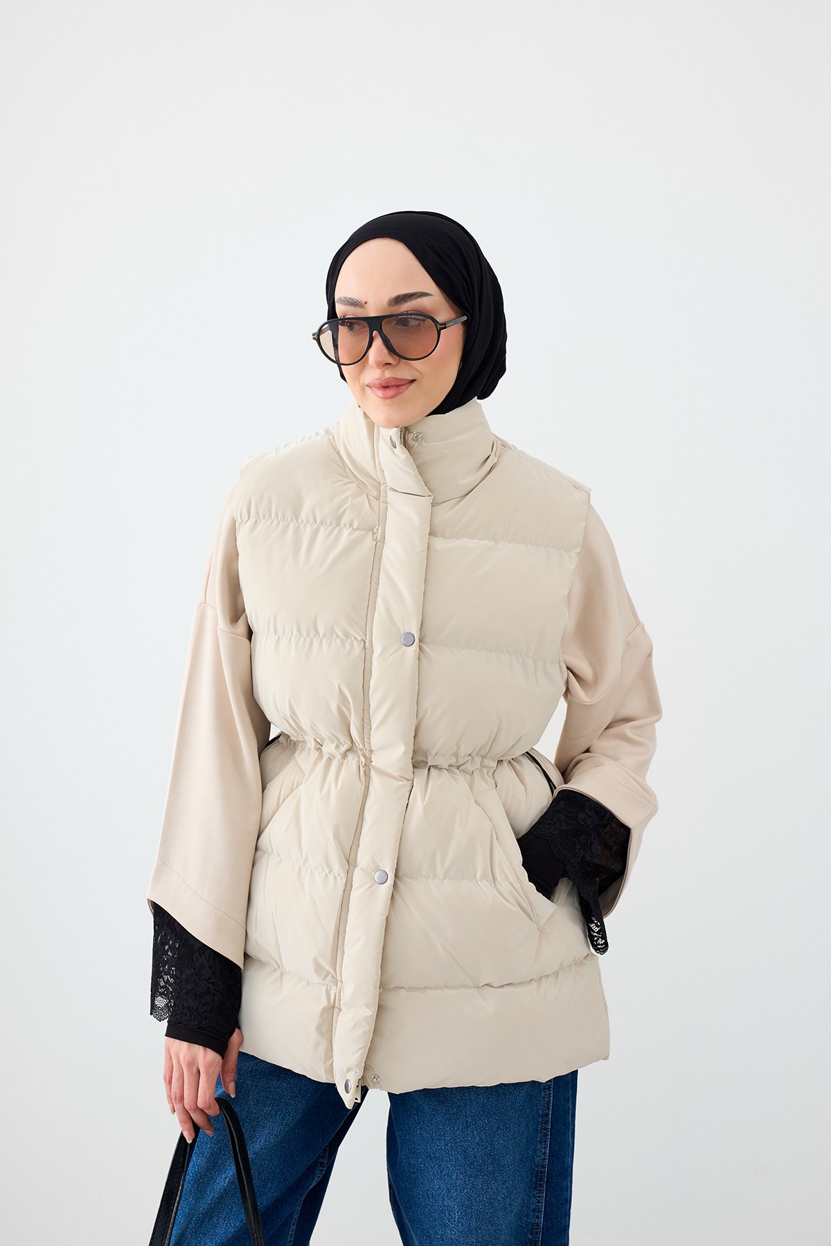 Beli Ayarlanabilir Çıtçıtlı Süet Yelek Bej