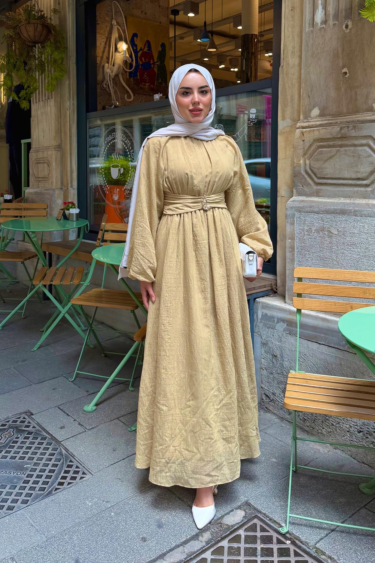 Beli Lastikli Kuşak Detay Elbise Yağ Yeşil