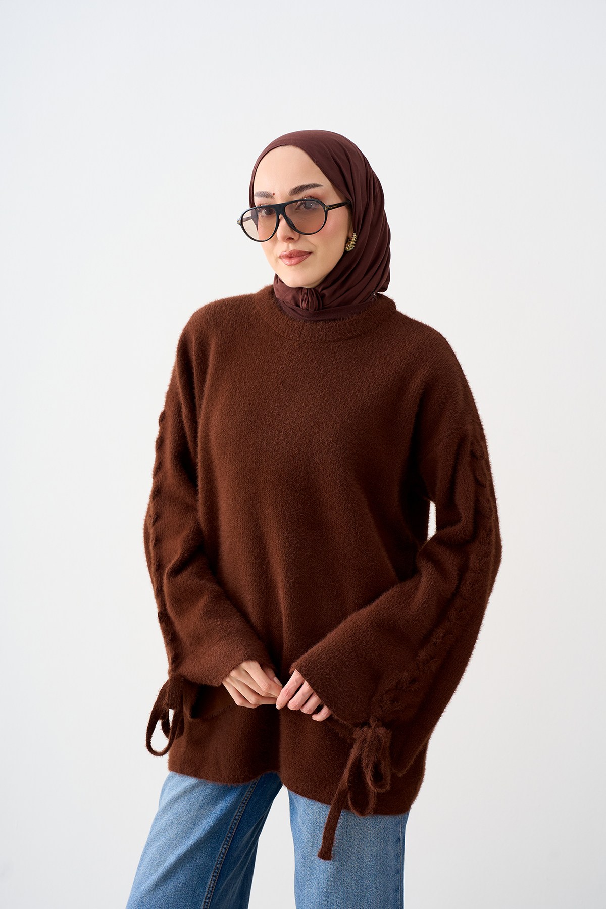 Bilek Kurdele Detay Triko Tunik Kahverengi