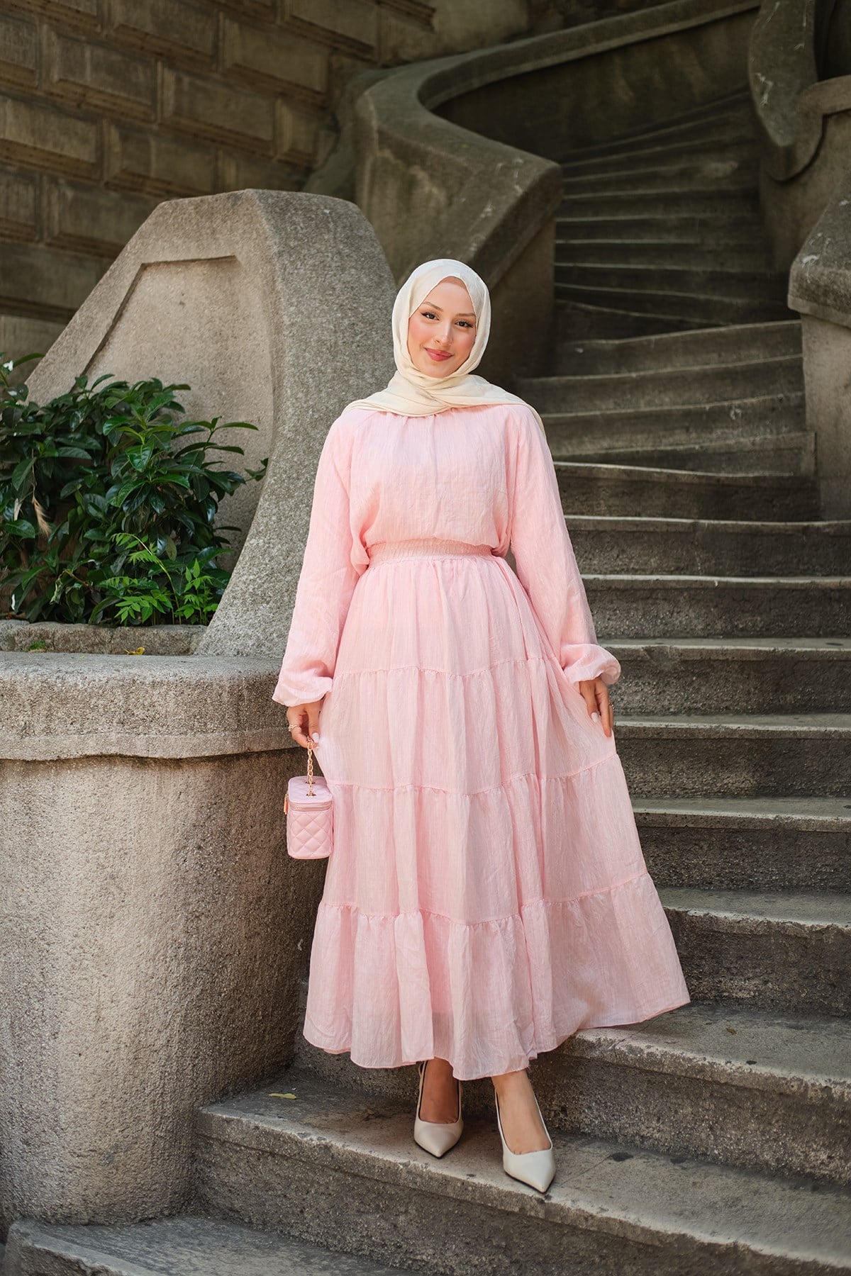 Bilekleri Lastikli Tül Kumaş Takım Pembe