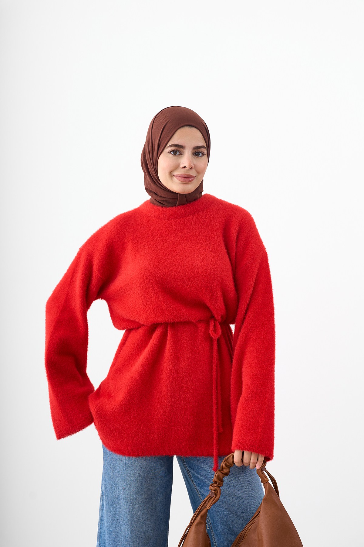 Bisiklet Yaka Bel Bağlamalı Triko Tunik Kırmızı