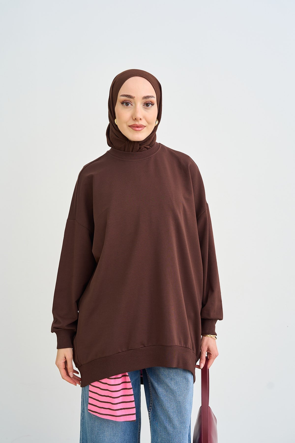 Bisiklet Yaka Oversize Sweatshirt Kahverengi