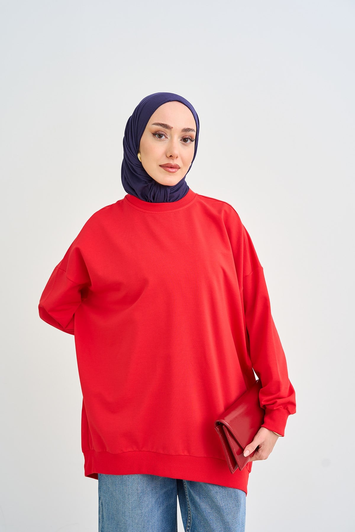 Bisiklet Yaka Oversize Sweatshirt Kırmızı