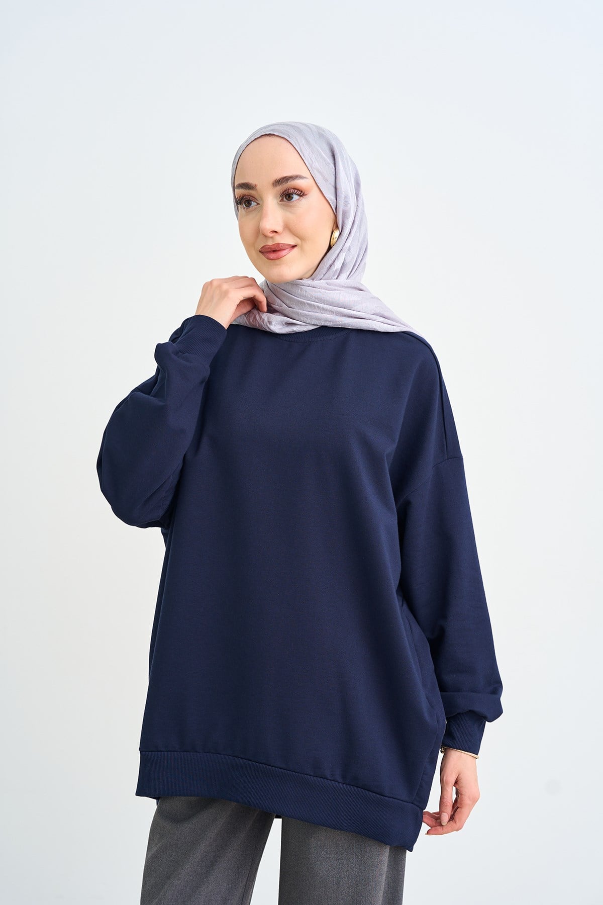 Bisiklet Yaka Oversize Sweatshirt Lacivert