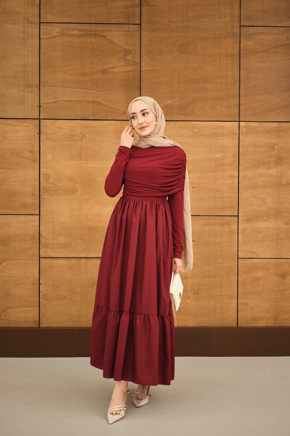 Büzgü Detaylı Sandy Poplin Elbise Bordo