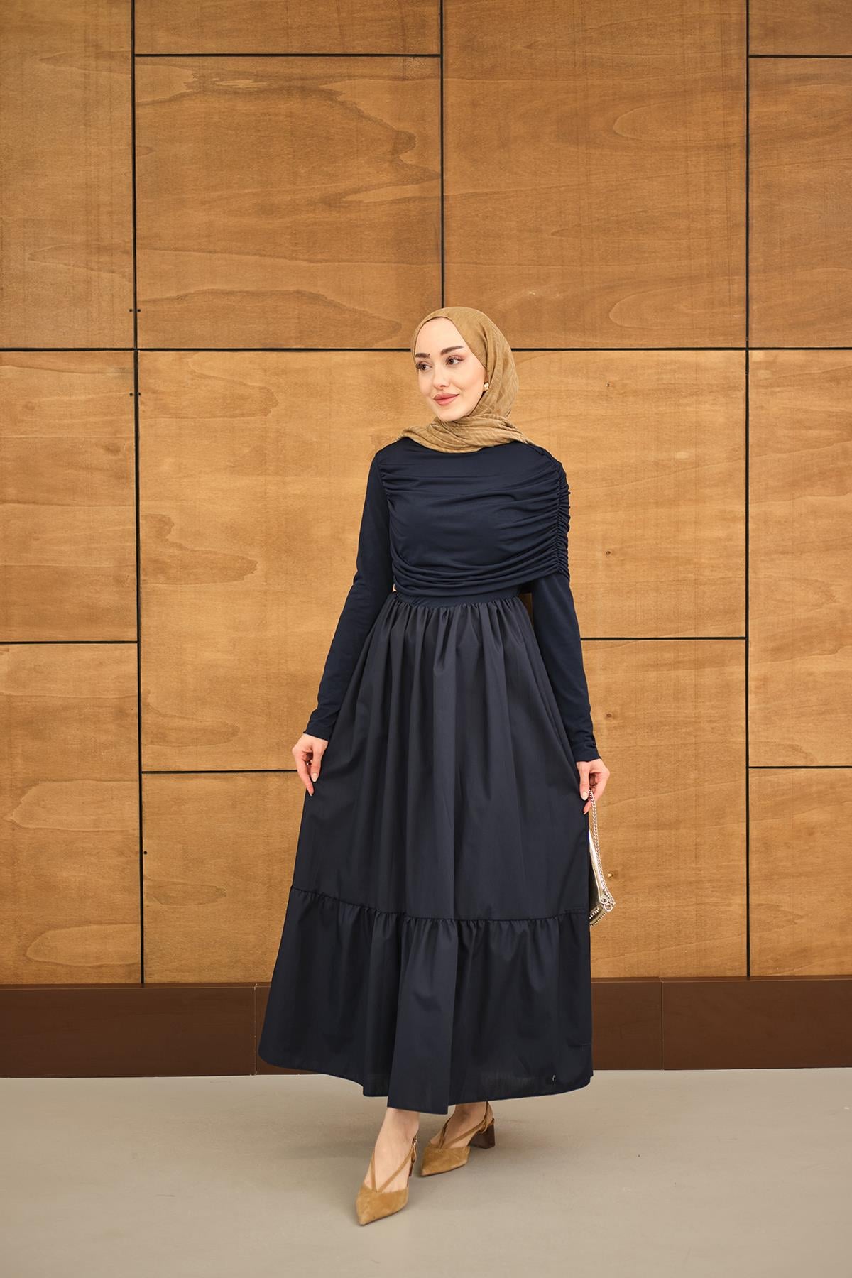 Büzgü Detaylı Sandy Poplin Elbise Lacivert