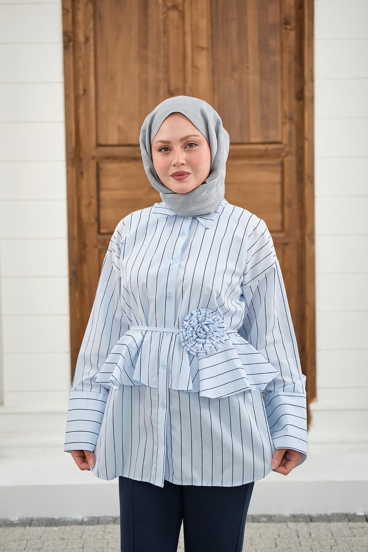 Büzgülü Bel Bağlamalı Çizgili Gömlek Bebe Mavi