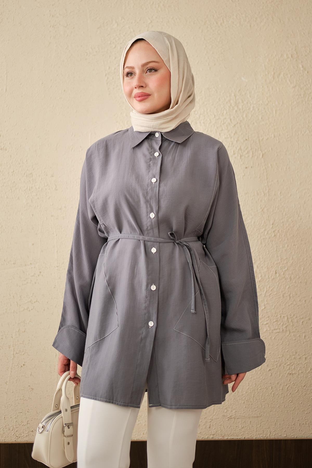 Çift Cep Detay Uzun Gömlek Gri