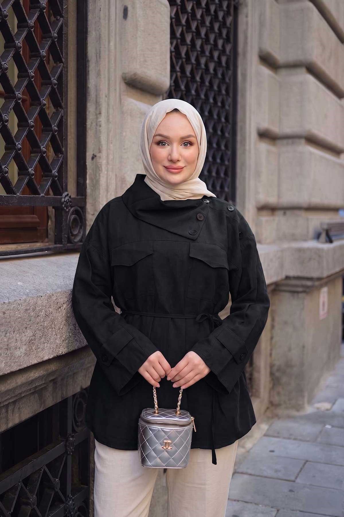 Çift Cepli Yakası Yandan Düğme Detaylı Bel Bağlamalı Cupra Gömlek Siyah