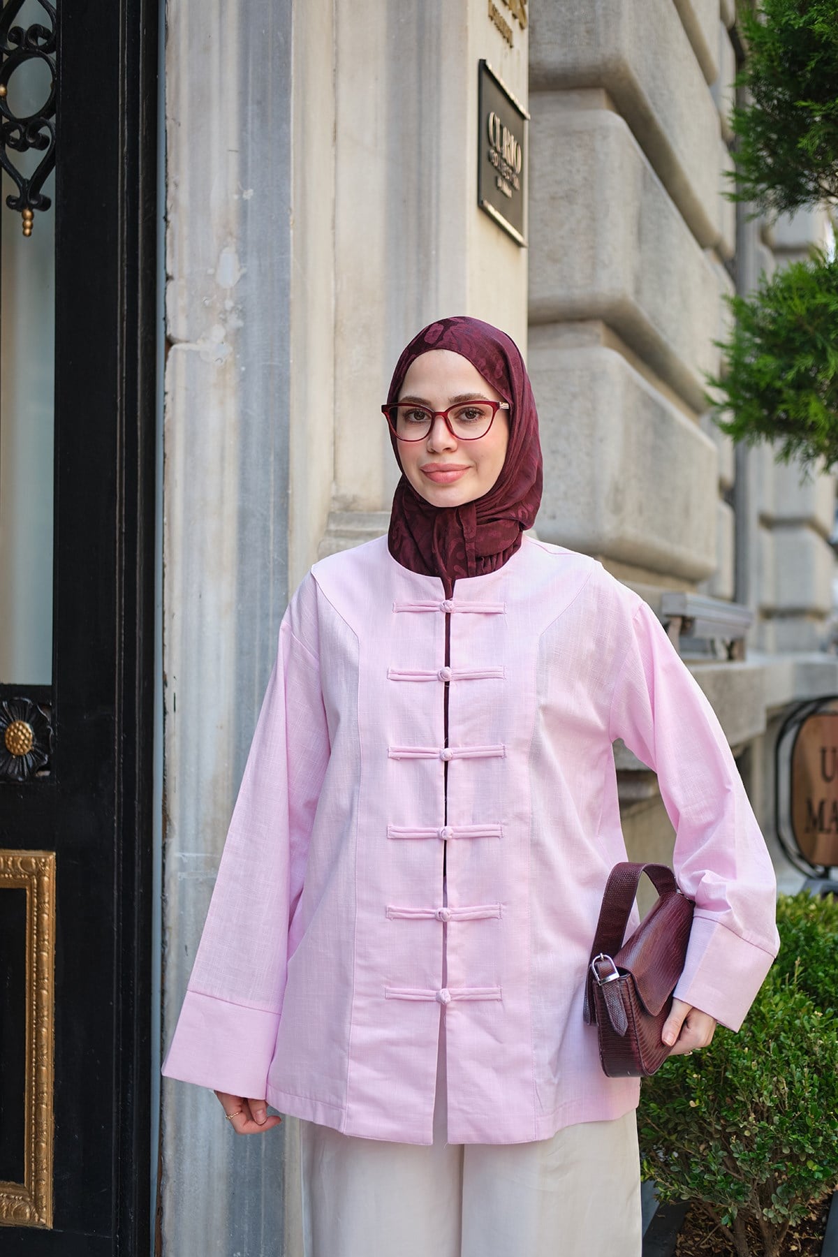Çin Düğme Dikiş Detay Tunik Pembe