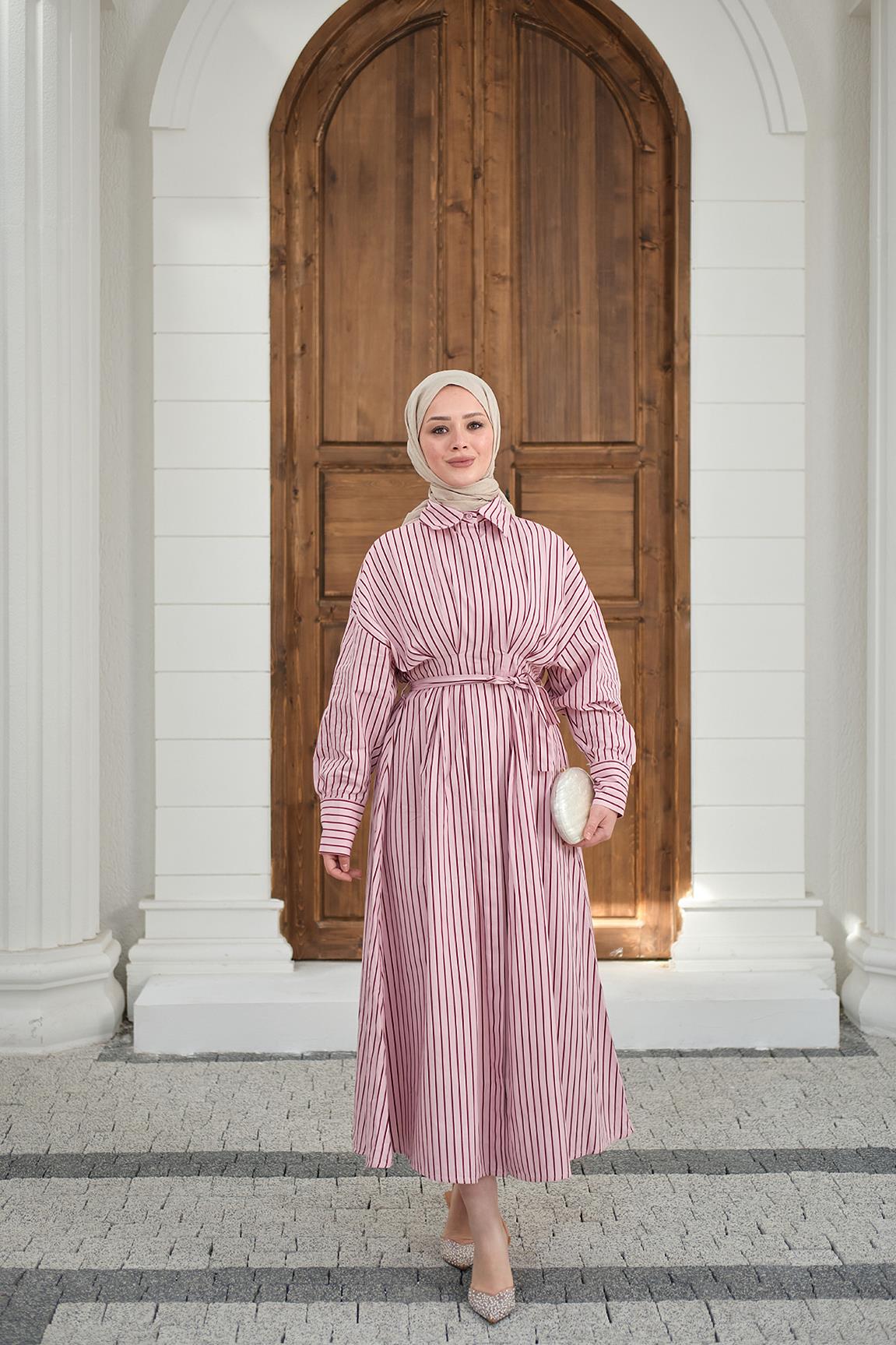 Çizgi Detay Bel Bağlamalı Elbise Pembe