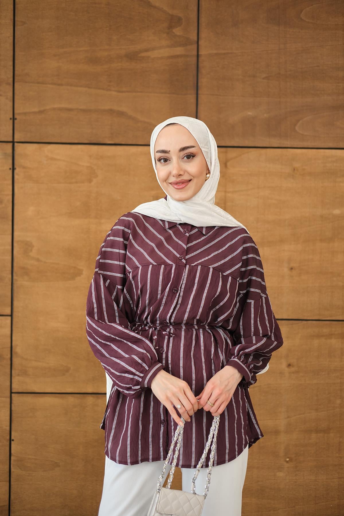 Çizgi Detaylı Salaş Gömlek Mürdüm