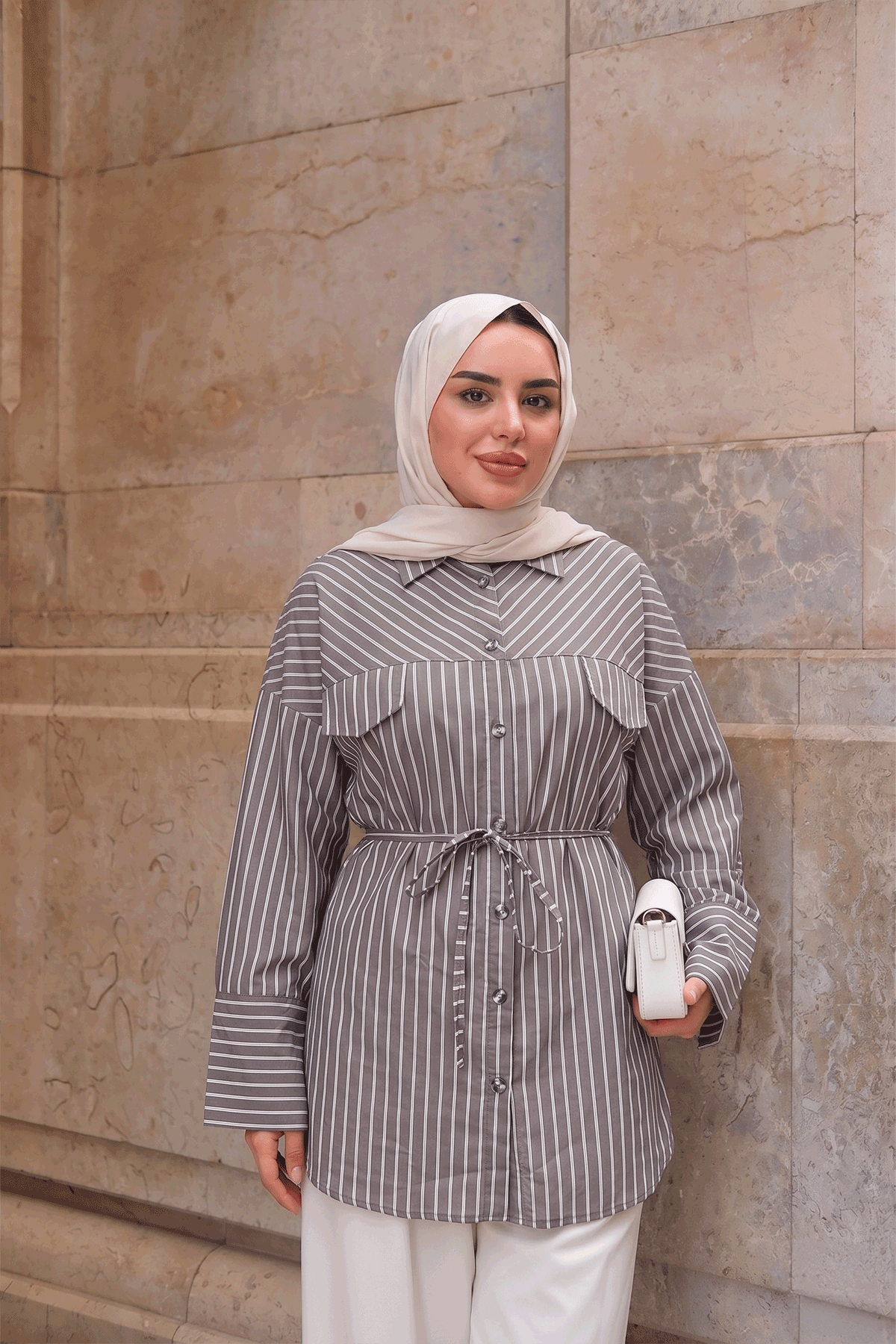 Çizgili Bel Bağlamalı Gömlek Açık Kahve