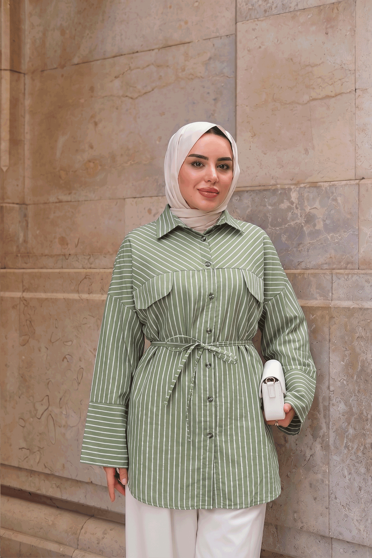 Çizgili Bel Bağlamalı Gömlek Yeşil