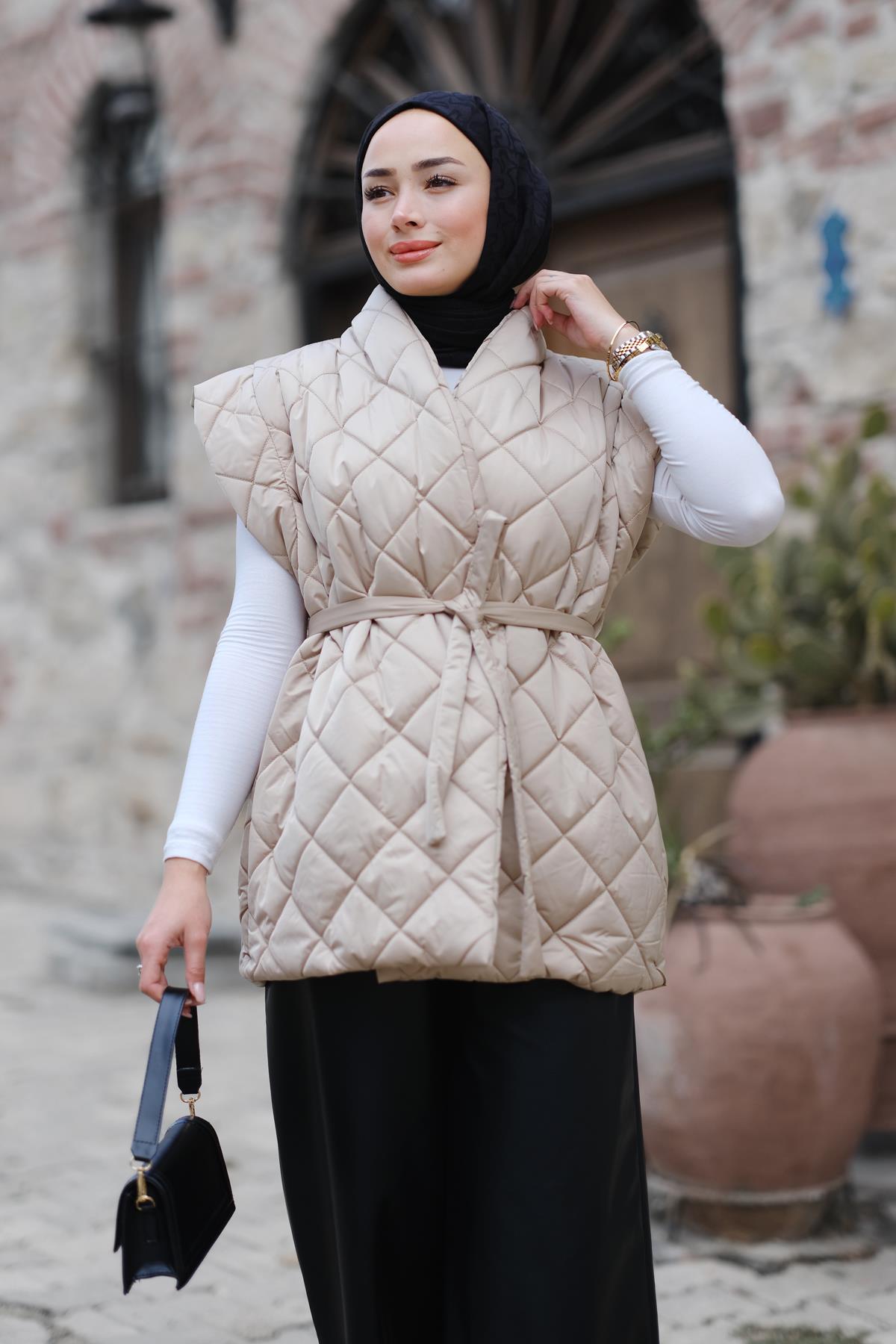 Desenli Kapitone Şişme Yelek Vizon