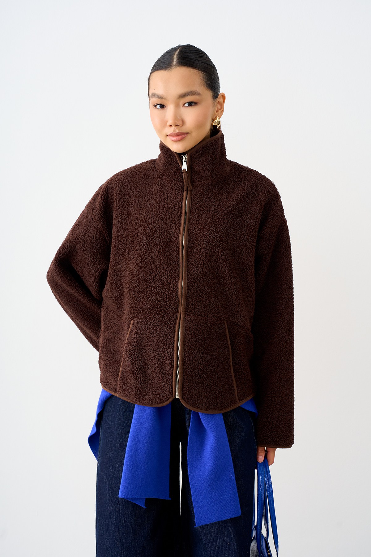 Dik Yaka Fermuarlı Önü Cepli Polar Ceket Kahverengi