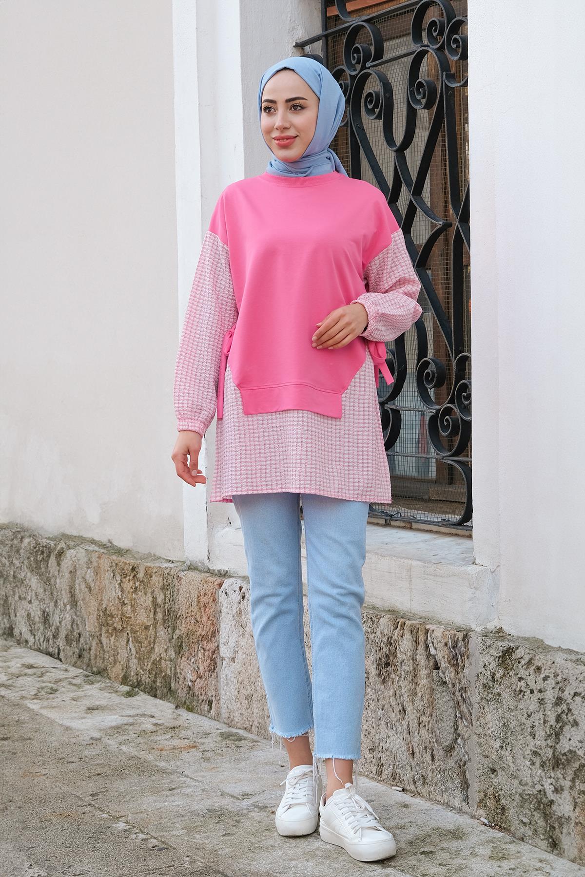 Ekose Garnili Yandan Bağlamalı Tunik  Pembe