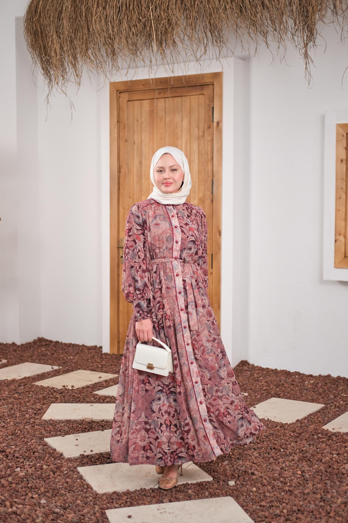 Etnik Desen Büzgülü Kemer Detay Şifon Elbise Mürdüm