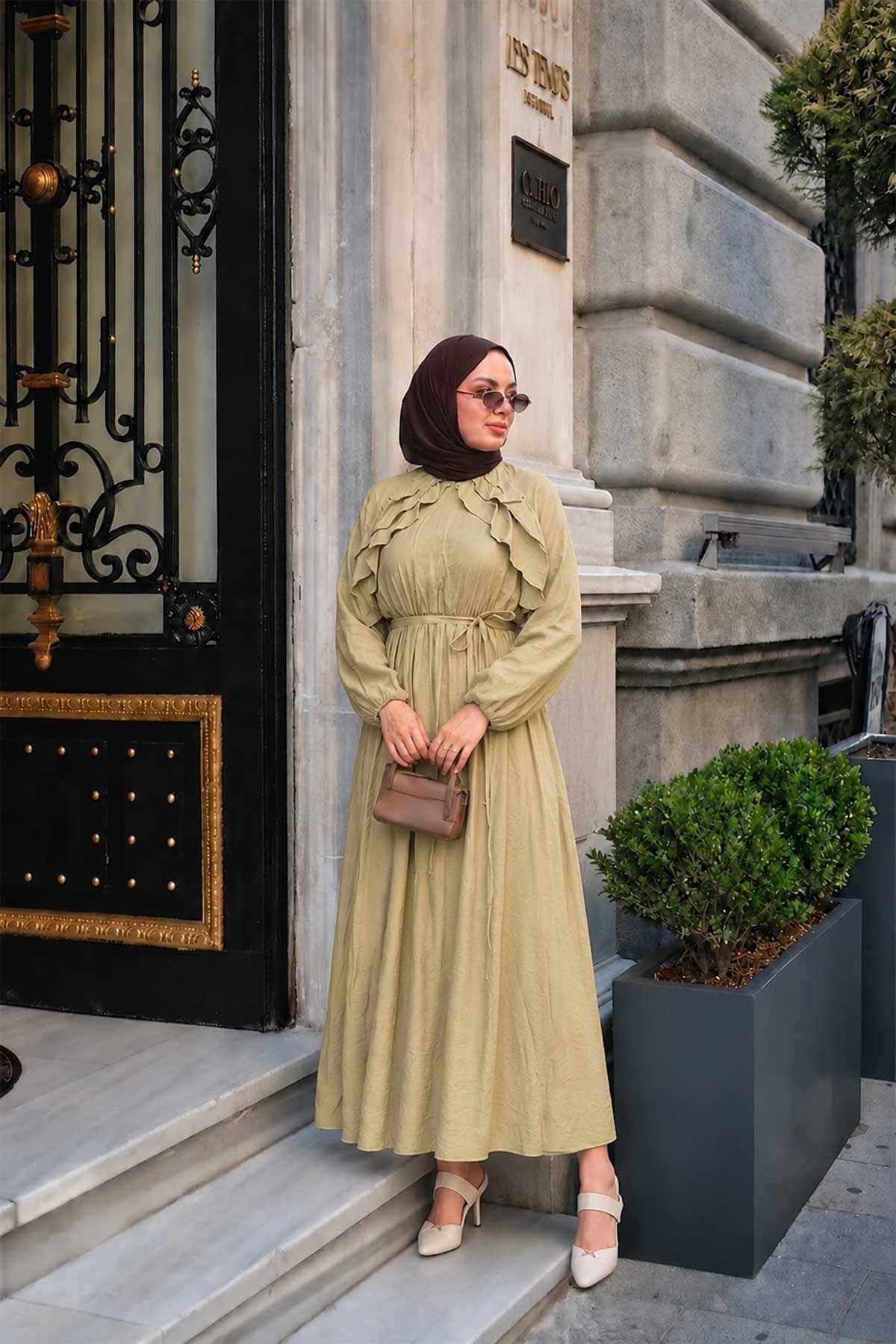 Fırfırlı Tensel Elbise Yağ Yeşil