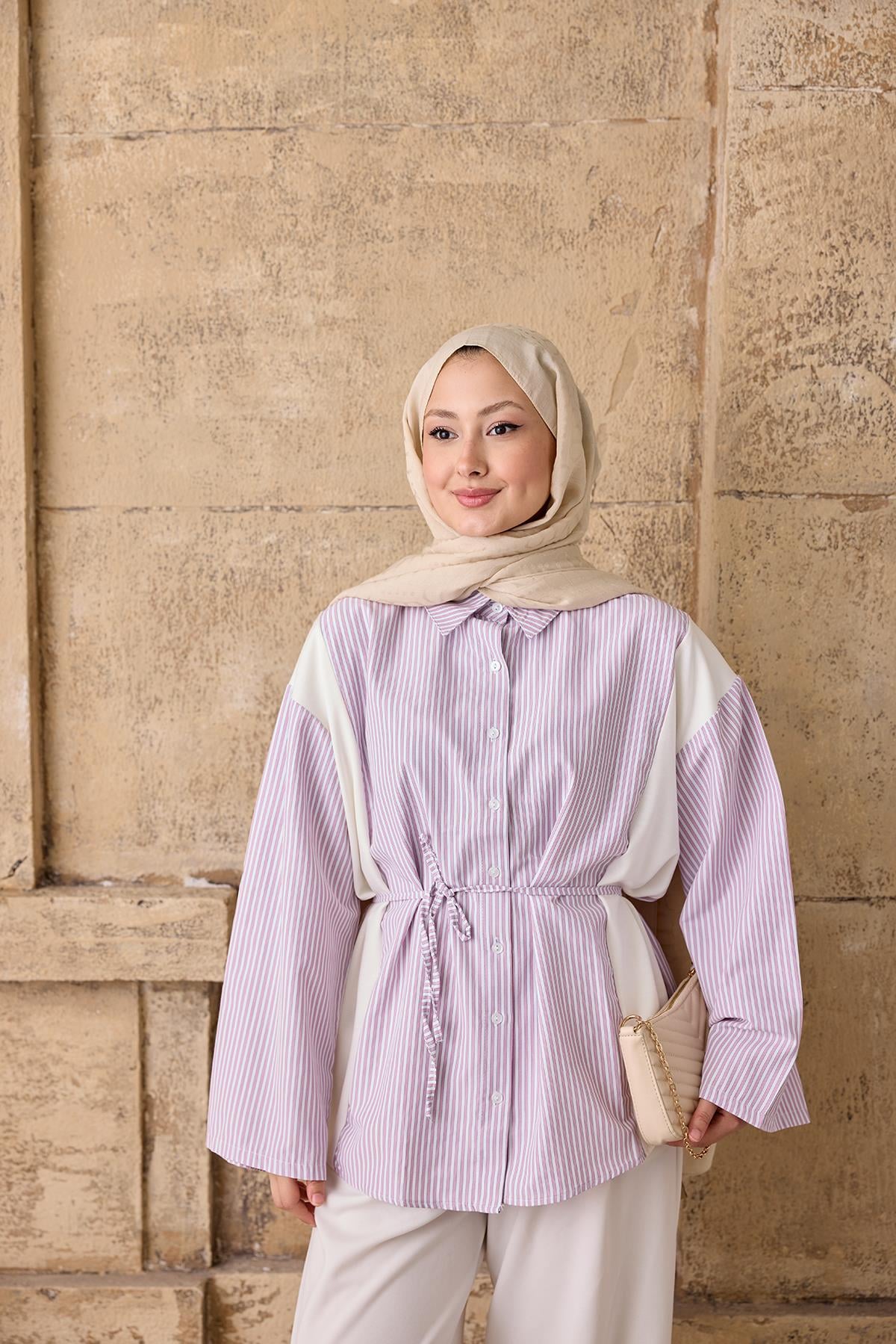 Gizgili Bel Bağlamalı Gömlek Pembe