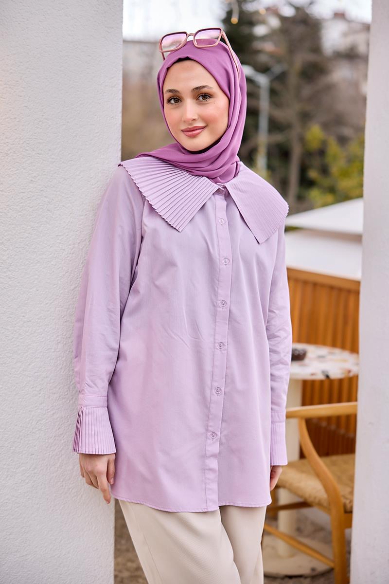 Gömlek Ve Kol Pilise Detaylı Gömlek Lila