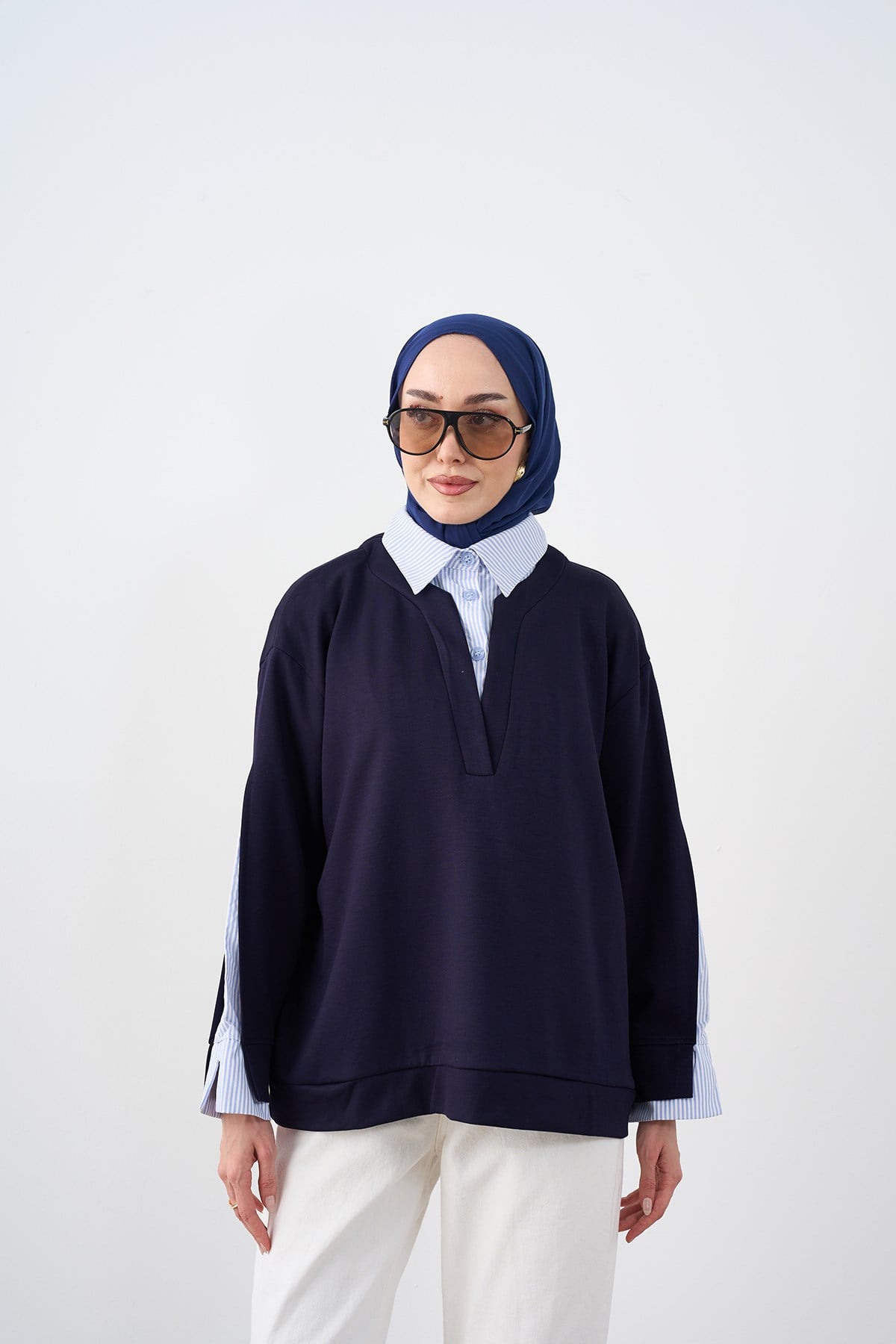 Gömlek Yaka Çizgi Detay Sweatshirt Lacivert