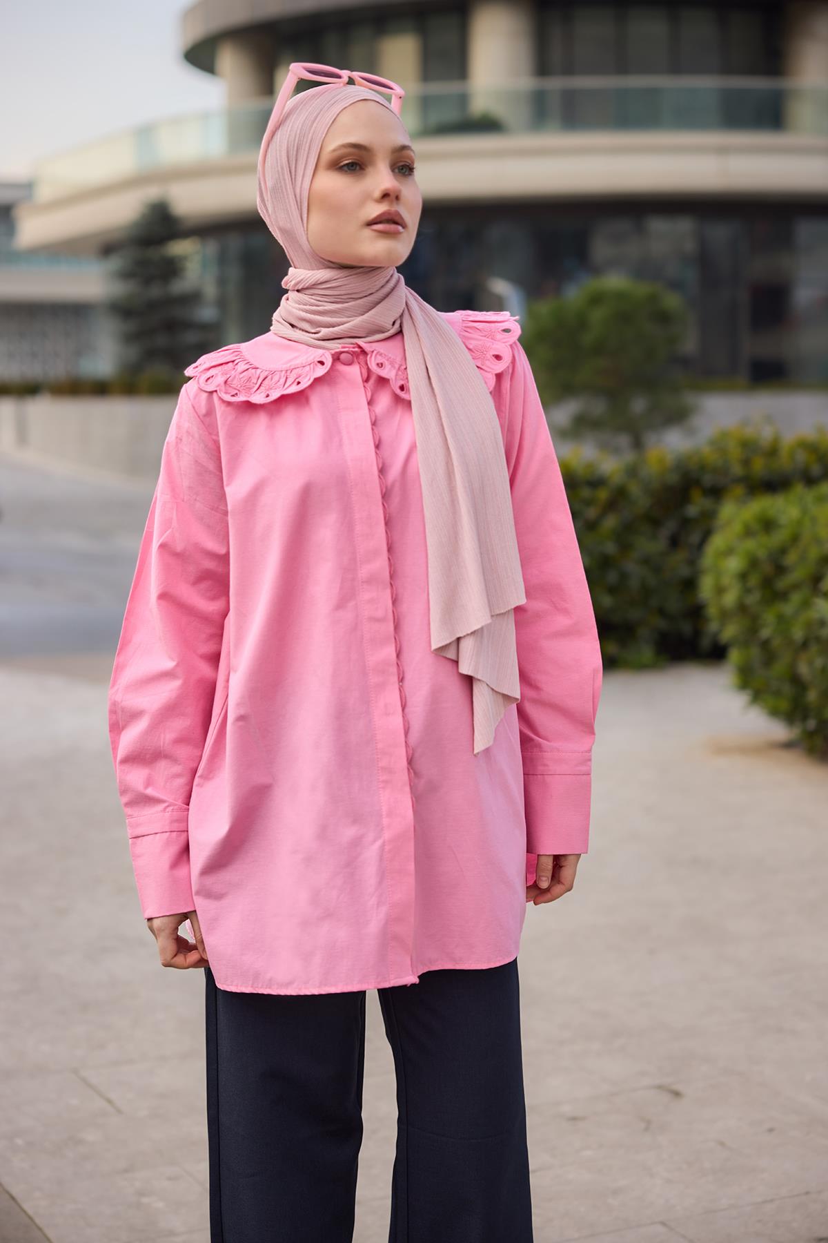 Güpür  Detaylı Gömlek Pembe