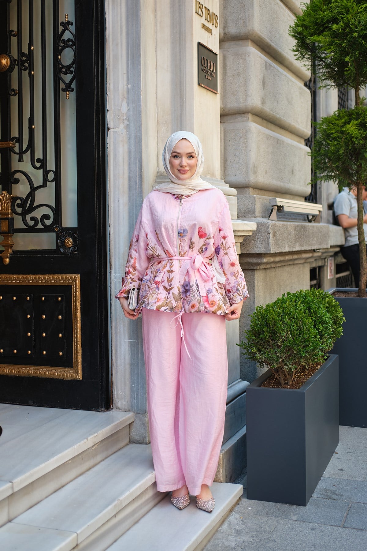 İç Astarlı Çiçek Ve Yaprak Desen Bel Bağlamalı Tül Takım Pembe