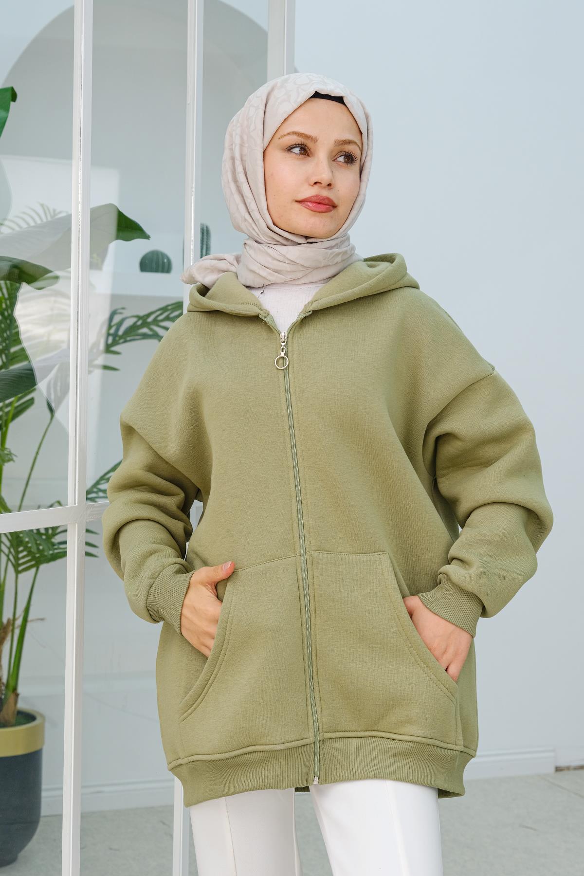 Kapüşonlu Oversize Hırka Fıstık Yeşil