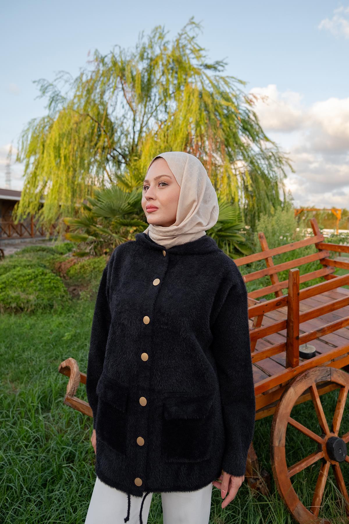 Kapüşonlu Triko Ceket Siyah