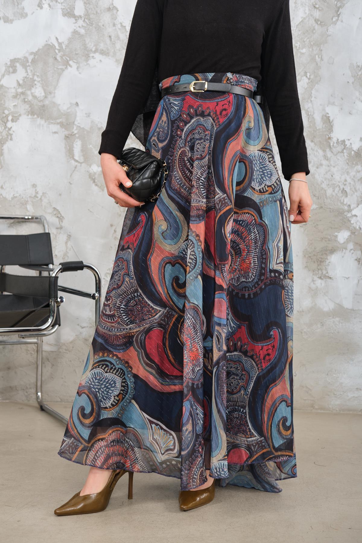 Kemerli Şifon Etek Saks Mavi