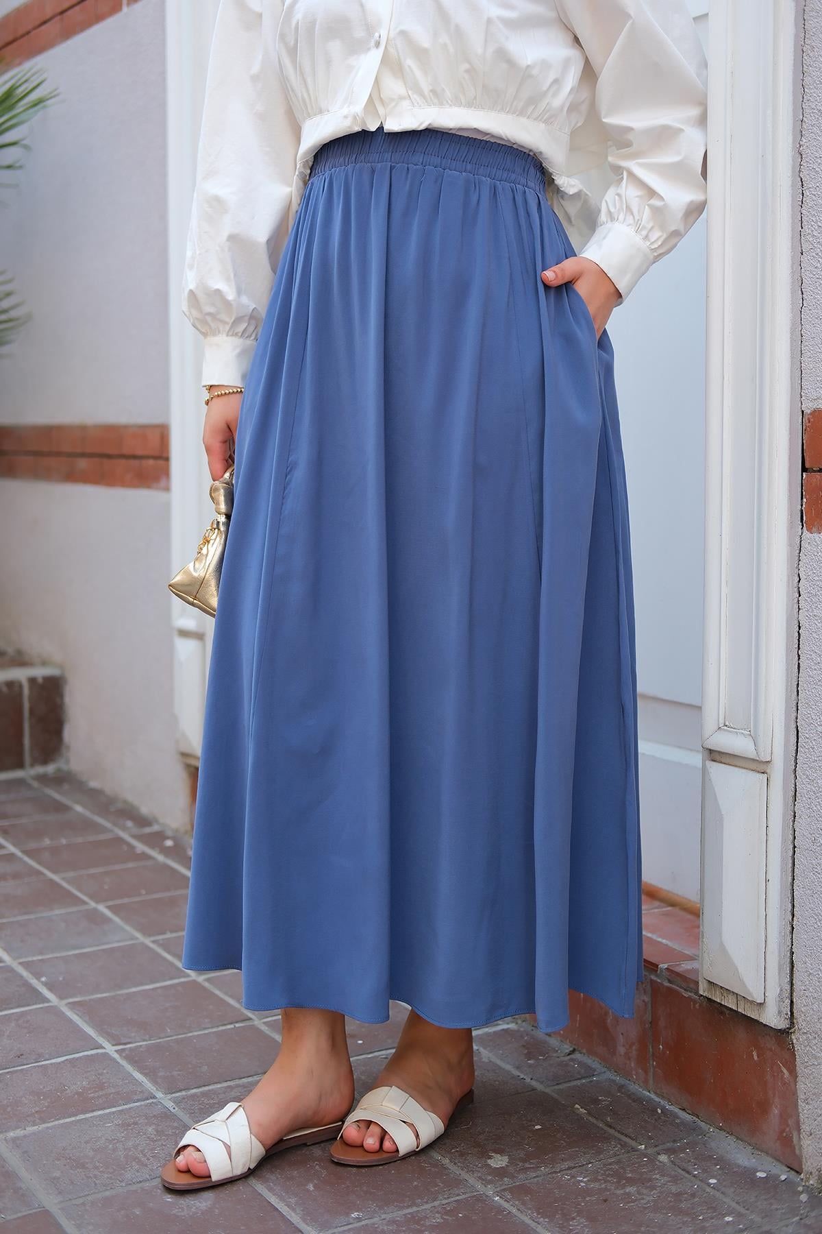 Kırışık  Kloş Etek İndigo Mavi