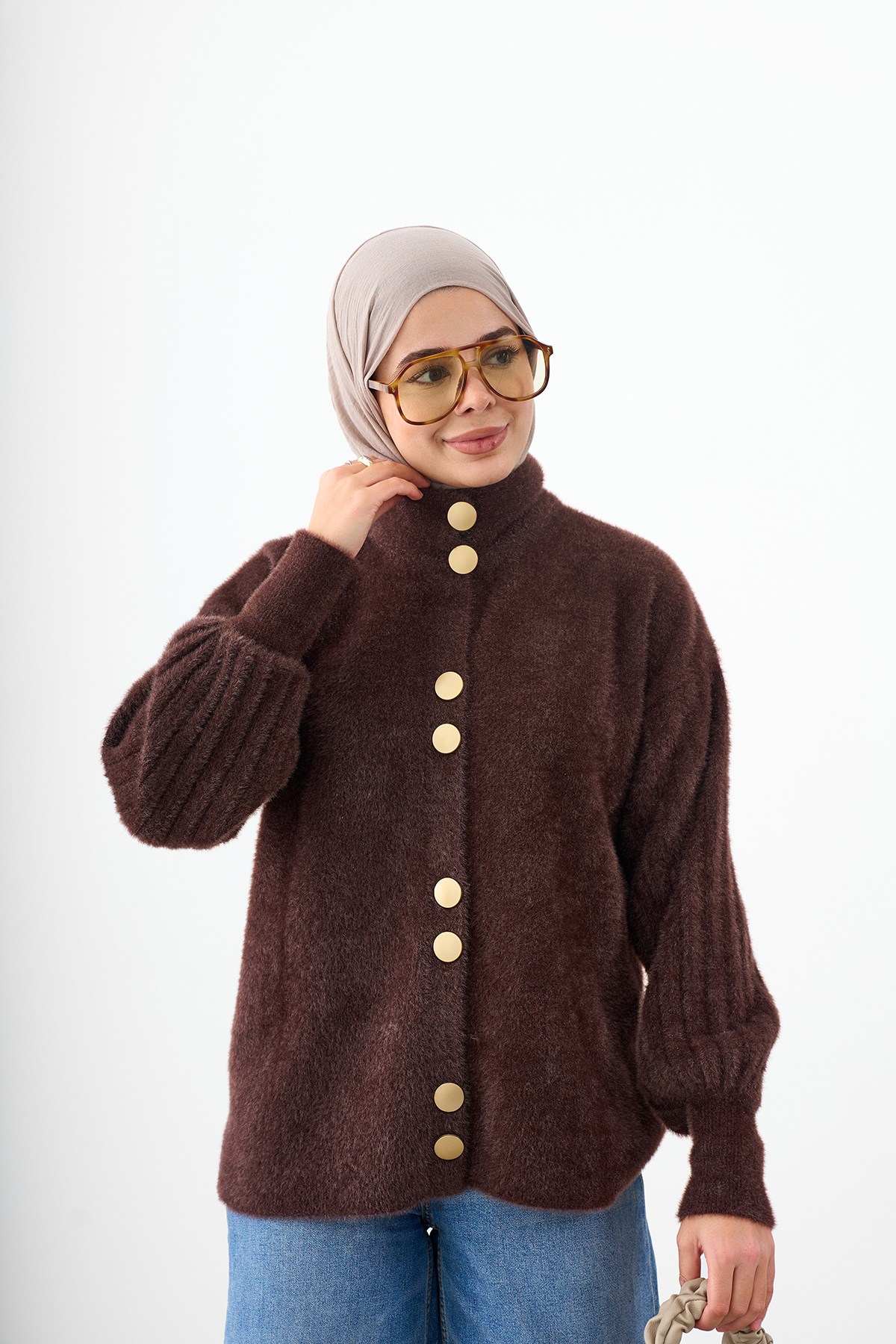 Kol Pile Detay Gold Düğmeli Triko Hırka Kahverengi