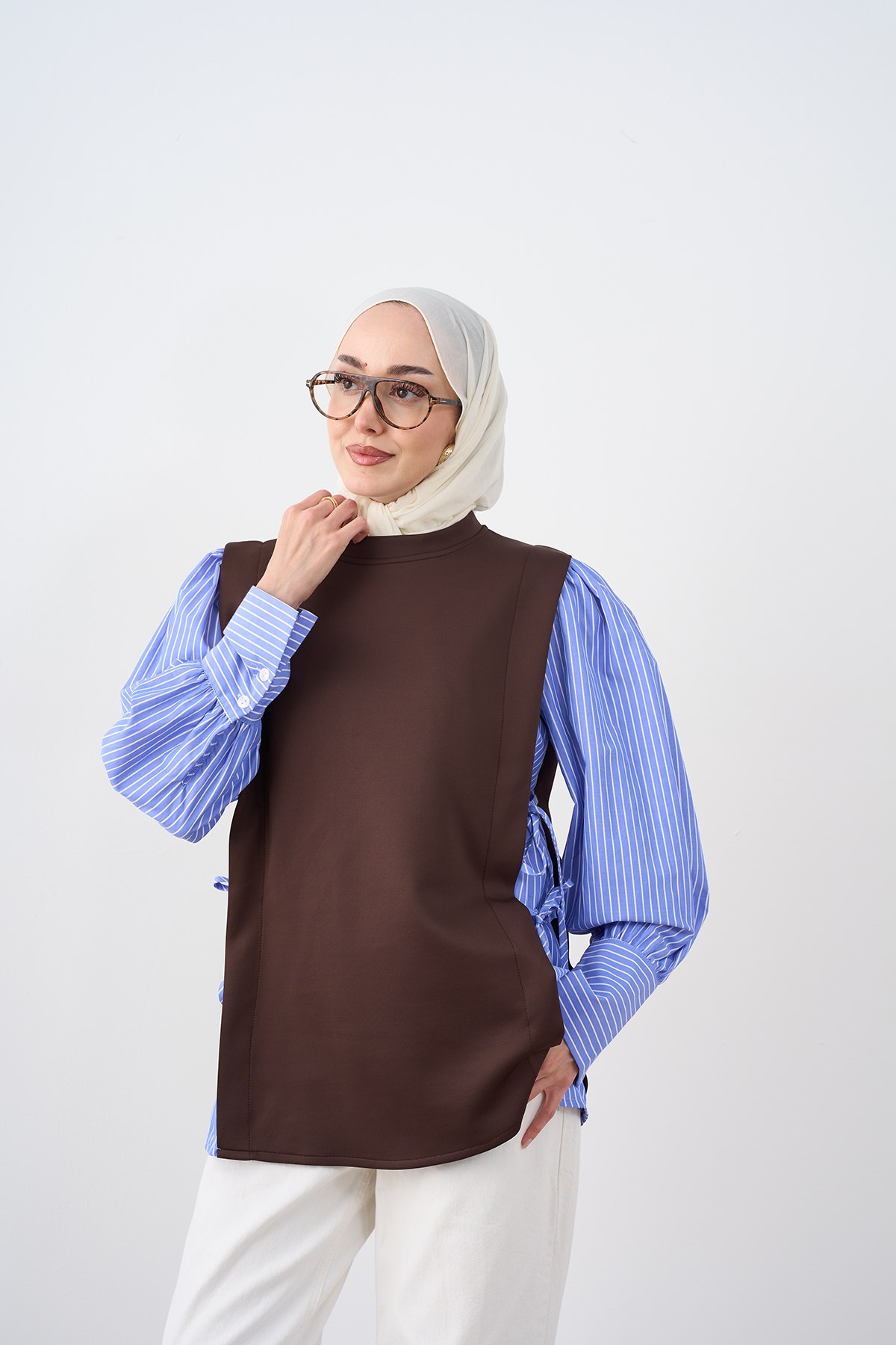 Kolları Çizgili Yan Bağlama Detay Tunik Kahverengi