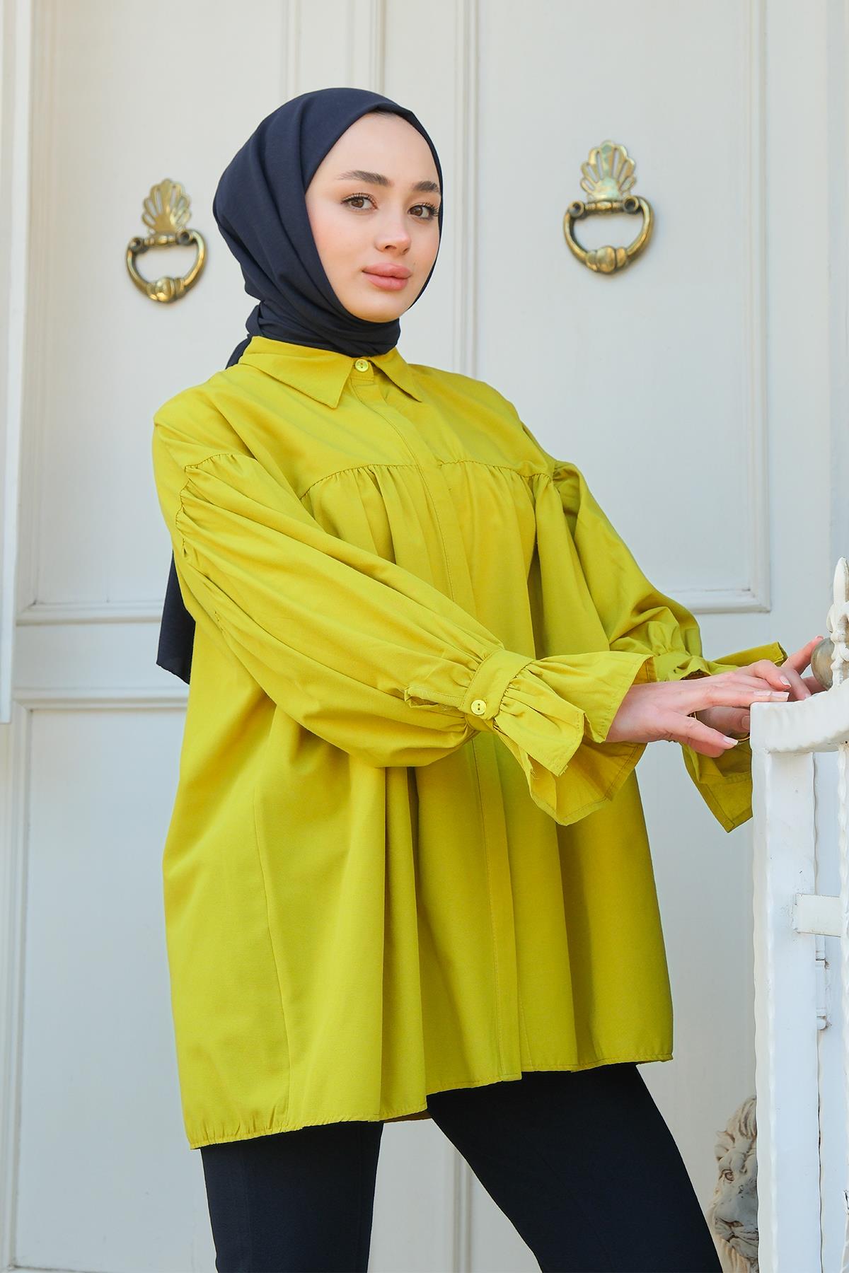 Kolları Fırfır Detay Gömlek Yağ Yeşil