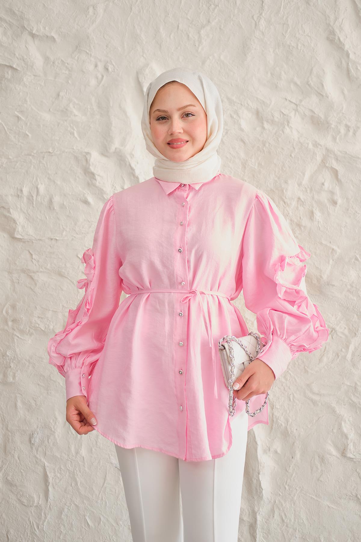 Kolları Fırfırlı Bel Bağlamalı Gömlek Pembe