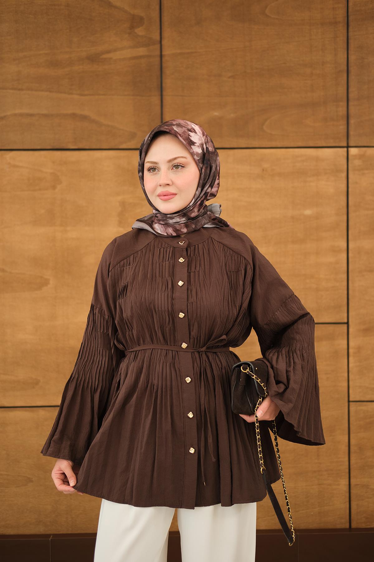 Martha Düğmeli Belden Bağlamalı Gömlek Kahverengi