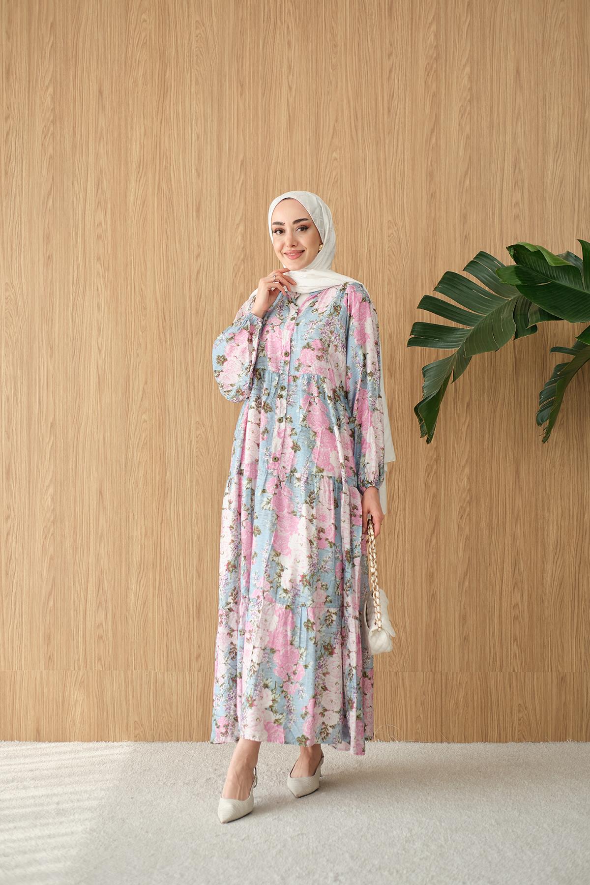 Mini Gül Desen Elbise Mavi