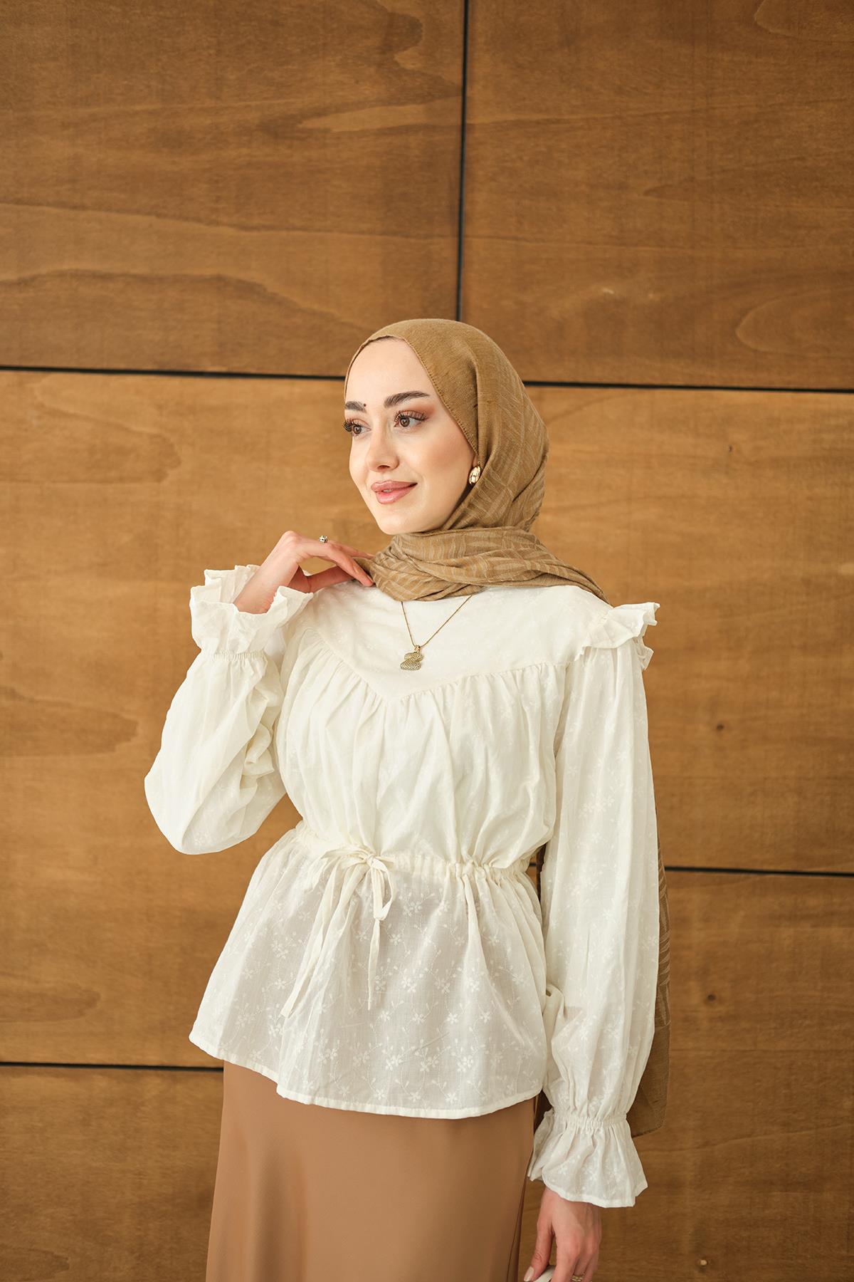 Nakış Desen Brode Gömlek Ekru