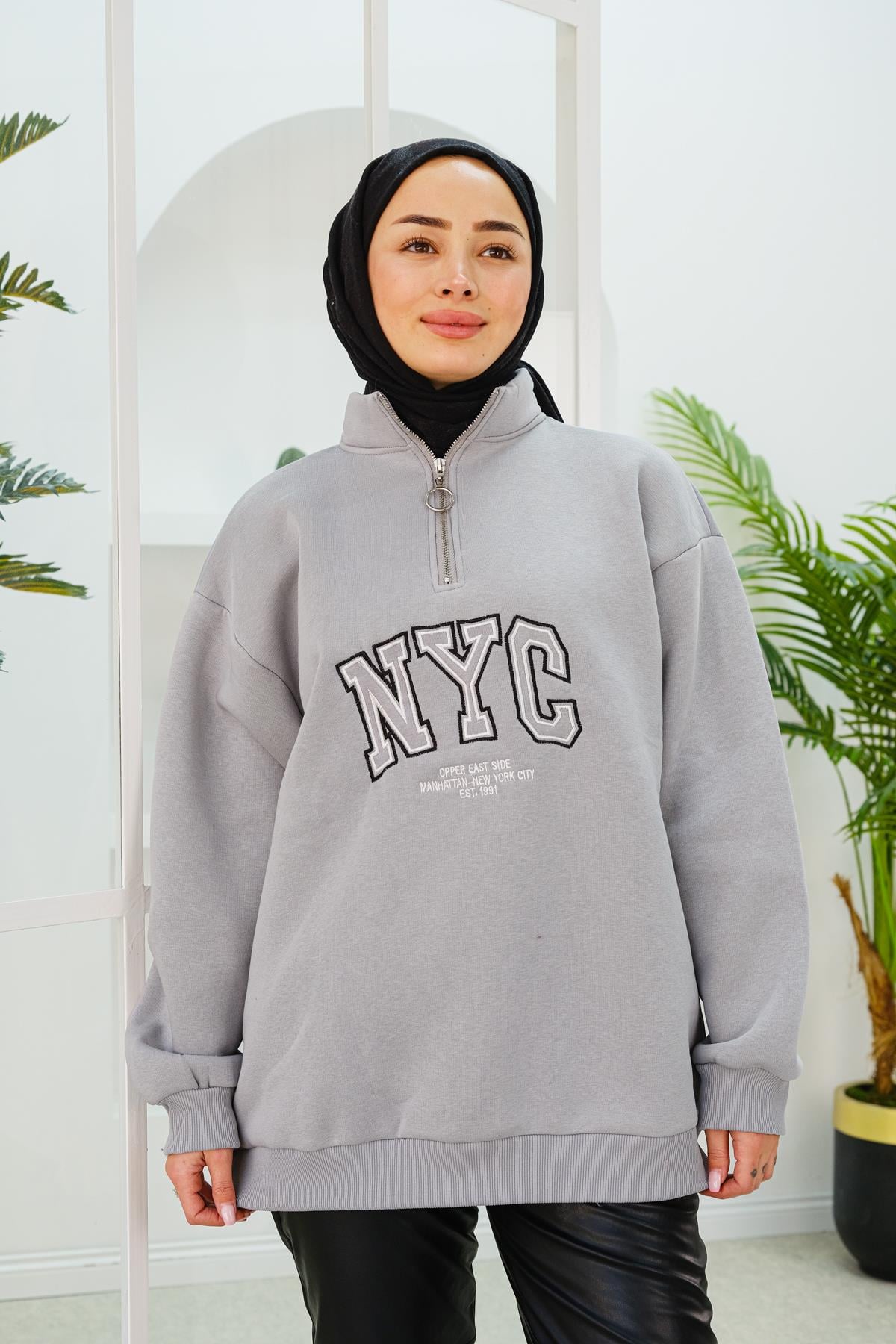 NYC Baskılı Yarım Fermuarlı Sweat Gri