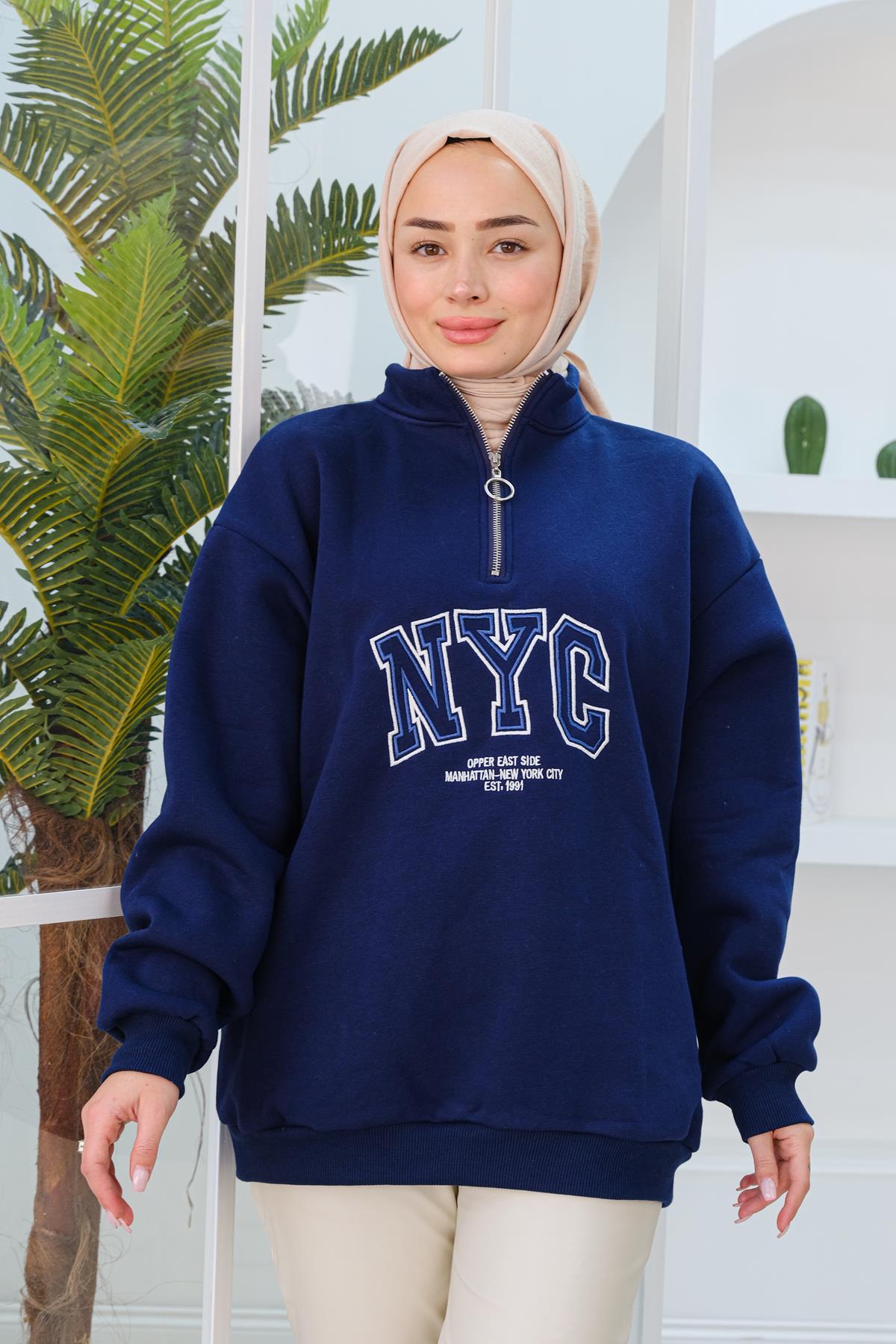 NYC Baskılı Yarım Fermuarlı Sweat Lacivert