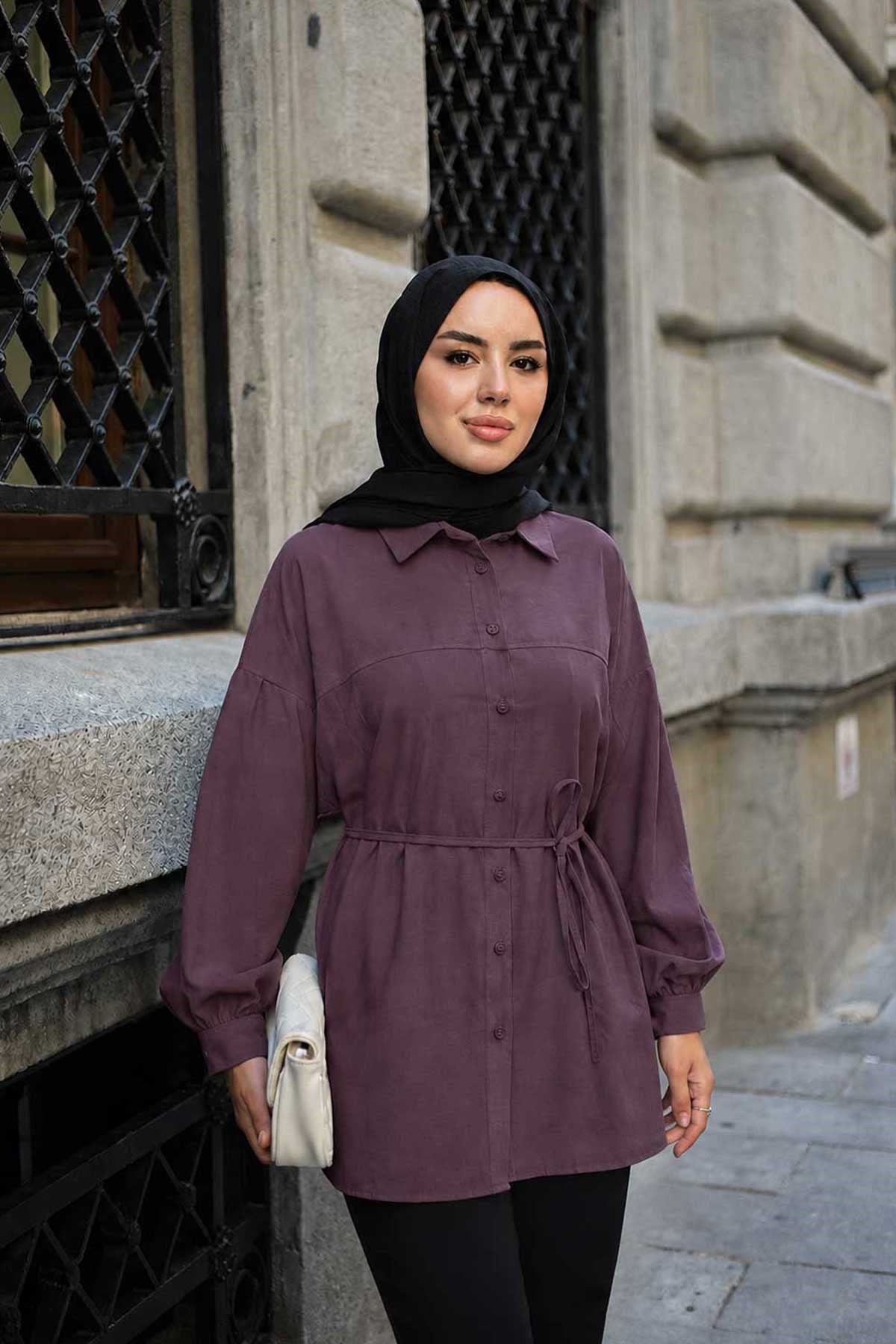 Önü Çimalı Bel Bağlamalı Modal Gömlek Bordo