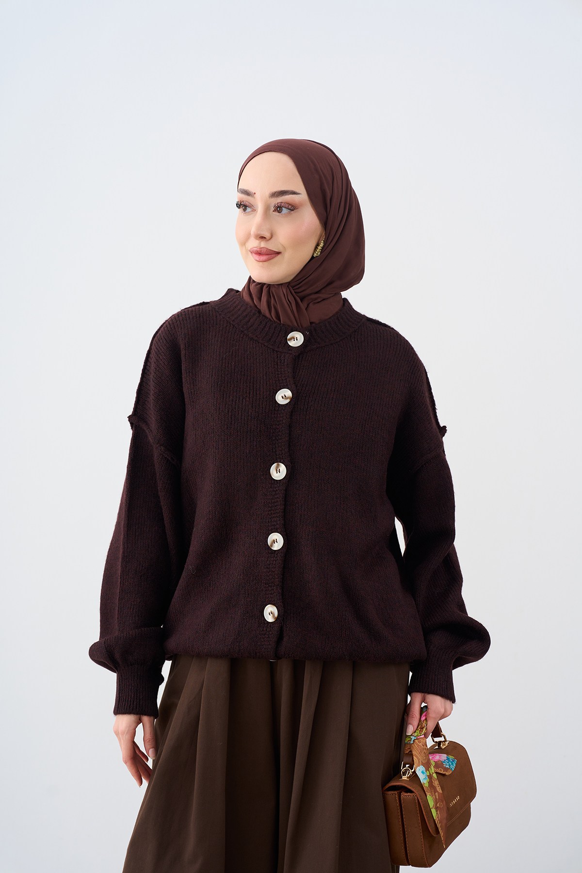 Önü Düğmeli Oversize Triko Hırka Mürdüm