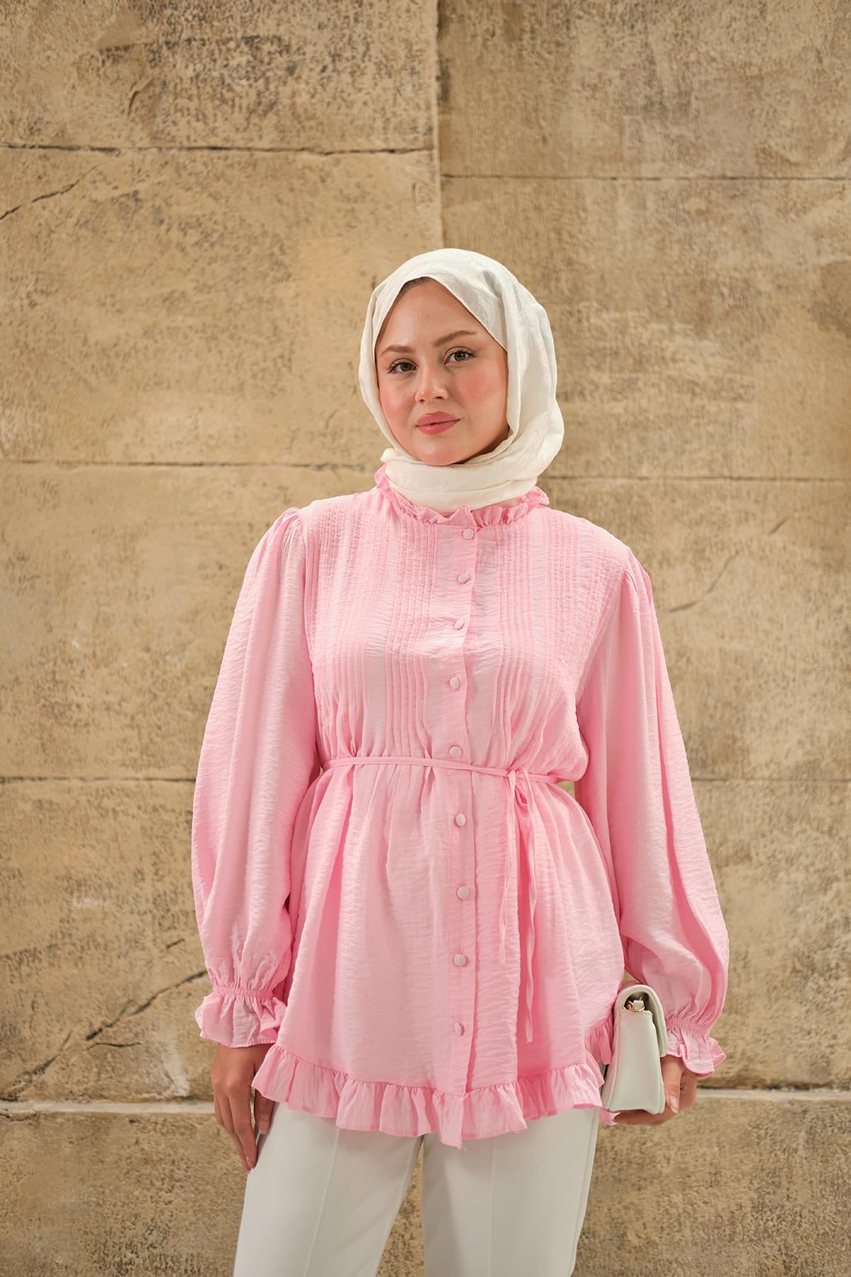 Önü Nervurlu Bel Bağlamalı Gömlek Pembe