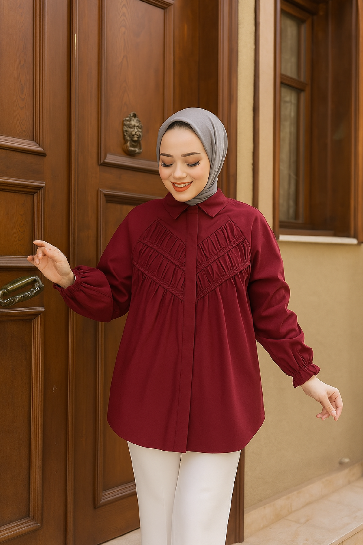 Önü Parça Roba Büzgülü Tunik Bordo