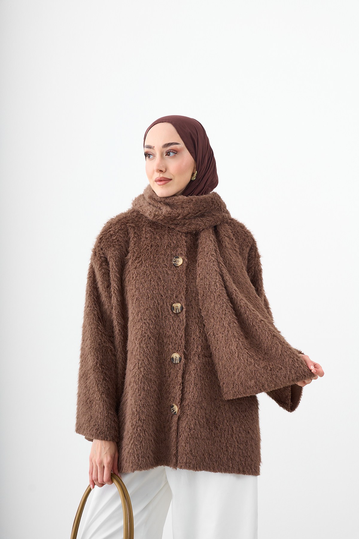 Peluş Detay Şallı Triko Hırka Kahverengi