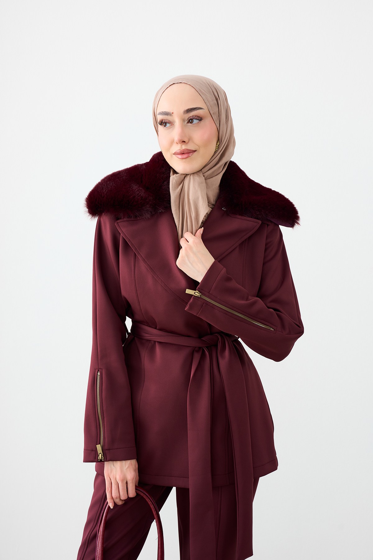 Peluş Yaka Bel Bağlamalı Scuba Takım Bordo